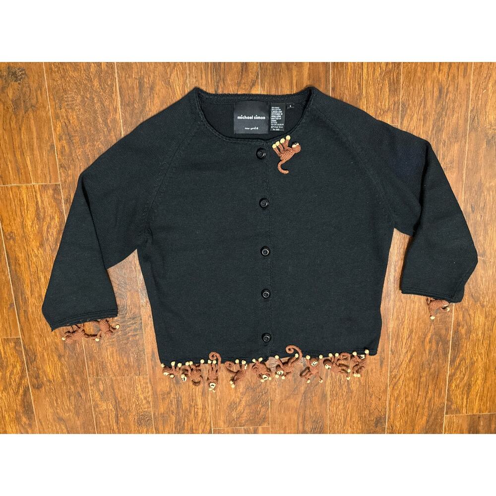 Michael Simon New York Sz. M Hanging MONKEYS Black Button Front Cardigan Sweater